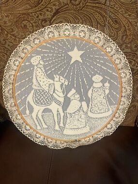 Vintage Handmade Christmas Stitch Lace Nativity Wall Art Home Holiday Decor 12”